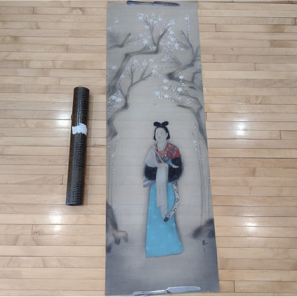 Vintage Japanese Hanging Scroll Art Silk Painting Asian Woman W/ Flowering Tree